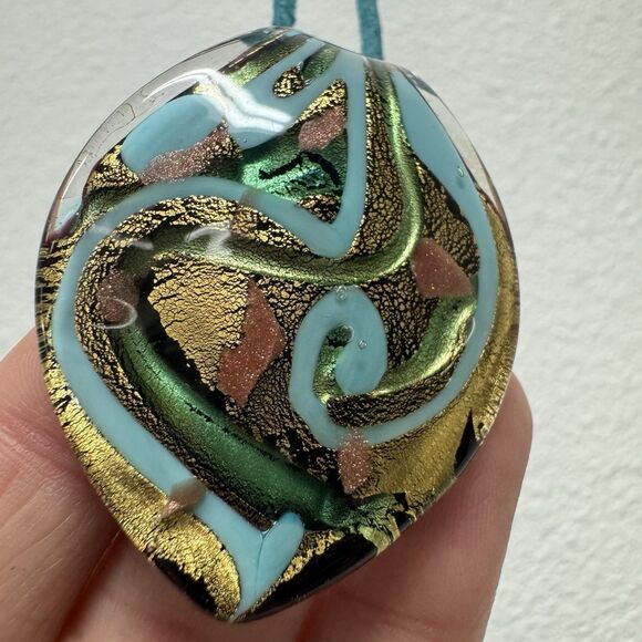 Murano Glass Necklace Pendant Black Teal Blue Green Aqua Art Deco 2" Leather - Picture 11 of 12